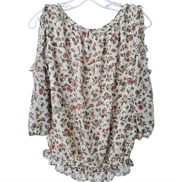 Max Studio -602 Georgette Elbow Sleeve Cold Shoulder‎ Blouse Cream Floral XS - Picture 5 of 12
